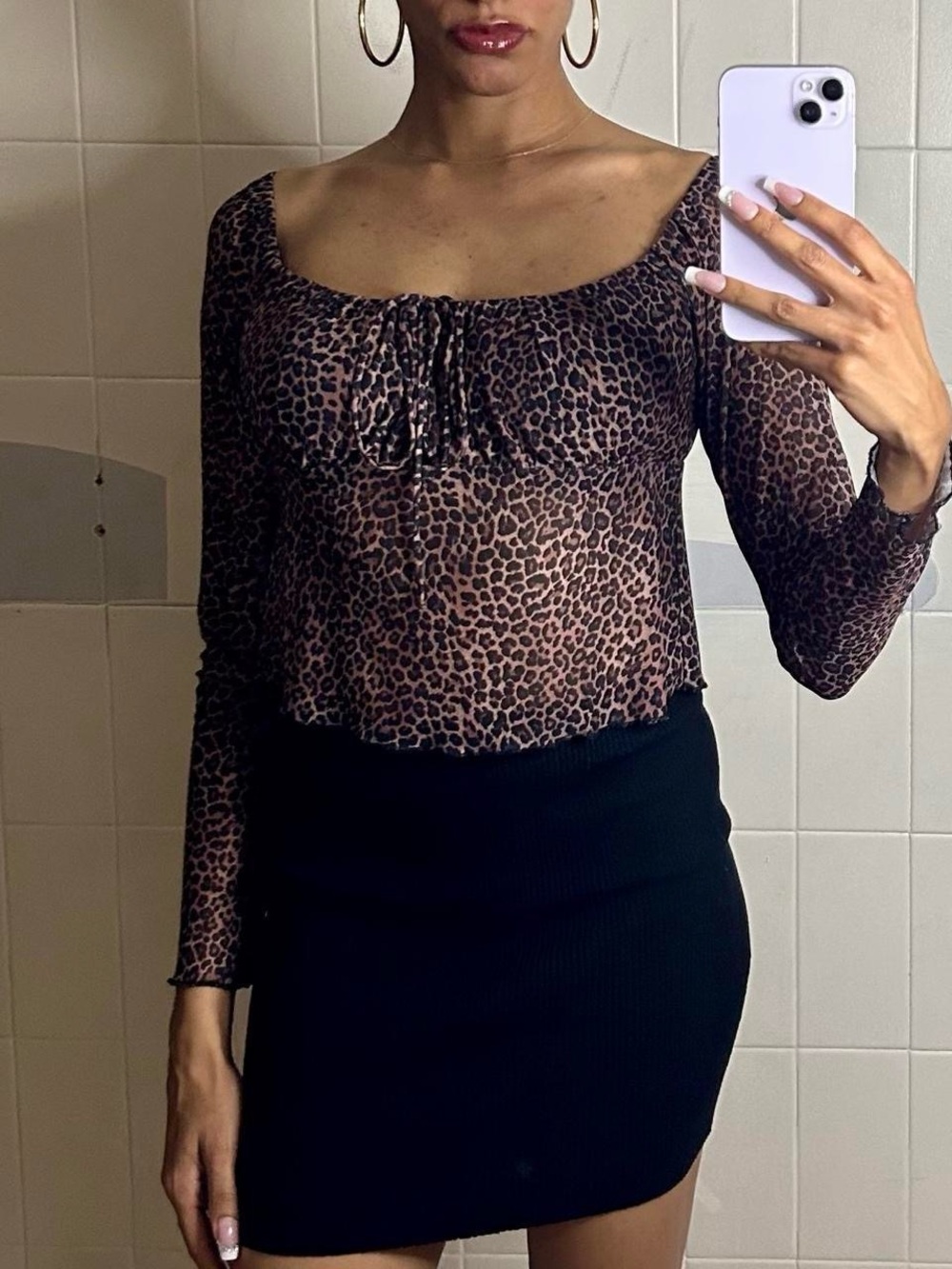 Motel Leopard Print Long Sleeve Sheer Top
